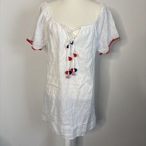 J Crew Swim Cover Up Women's Small Embroidered Linen Boho Peasant Shirt Dress